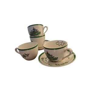 VTG Spode Christmas Tree Tea Cups and Saucers Set of 4 England S3324-Multiples